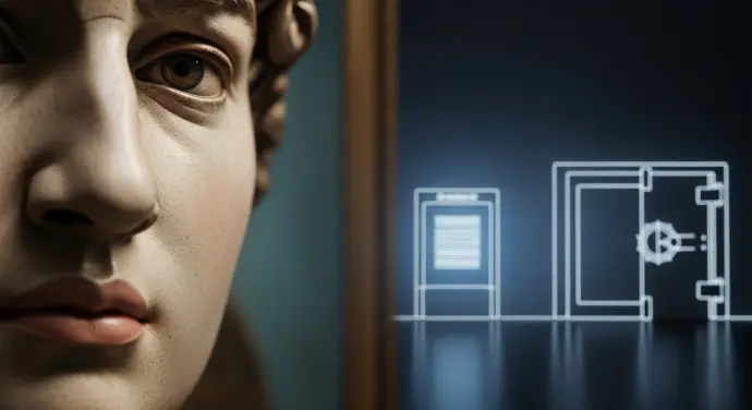 A close-up, highly detailed photograph of a section of a classic masterpiece, with a subtle, almost imperceptible, high-tech security or preservation element in the background (e.g., a faint, glowing outline of a climate control system, or a hint of a vault door). The art itself is the hero, but the context hints at its meticulous care and protection.---------