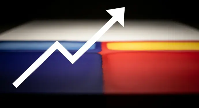 A close up hyper-realistic / dynamic shot of a portion of a minimalist, high-contrast photograph of a single, bold Mark Rothko-style color field painting, prominently positioned centrally. overlay a stark, simple upward-trending financial arrow or line graph is Boldly displayed as an overlay above the entirety of the image, indicating growth and positive trajectory.