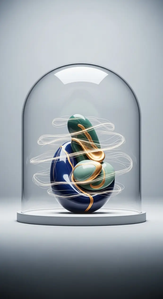 A minimalist, clear, protective glass dome or shield gently enclosing a small, precious, and abstract art object. Subtle, flowing lines within the dome suggest climate control or protective measures, embodying comprehensive, long-term care and preservation. Focal Point: The pristine art object safely encased within the clear dome. Aspect Ratio: 9x16.