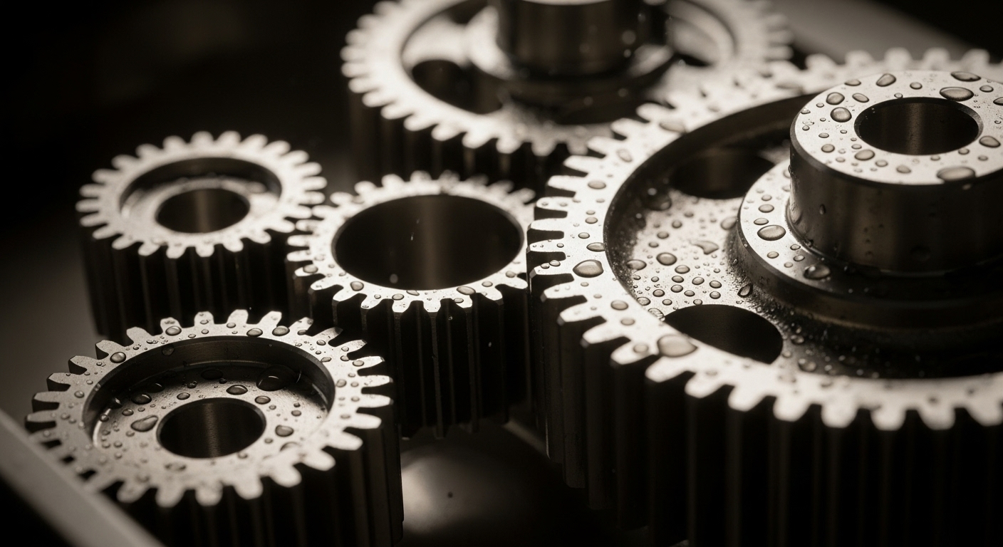 A hyper-realistic, macro photograph of three to five interconnected, polished, brass or titanium gears, bathed in soft, directional studio light. Water droplets or fine oil shimmer subtly on their surfaces, highlighting their meticulous engineering. The background is an extremely shallow depth of field, rendering it a luxurious, blurred abstraction of rich, dark tones. Focal Point: The intricate teeth and seamless meshing of the central gears. Aspect Ratio: 16x9.